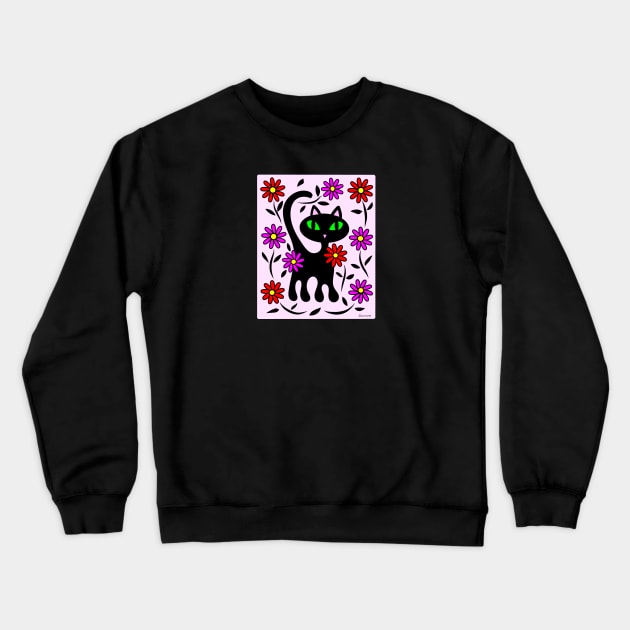 Black Kitty Cat in Flower Garden Crewneck Sweatshirt by Designs by Connie